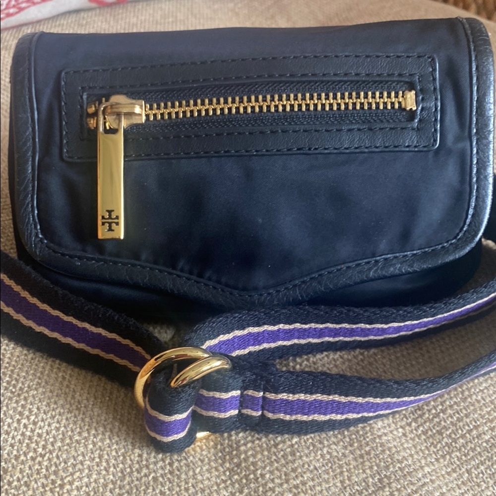 Tory Burch Black and Purple Belt Bag with Gold Accents